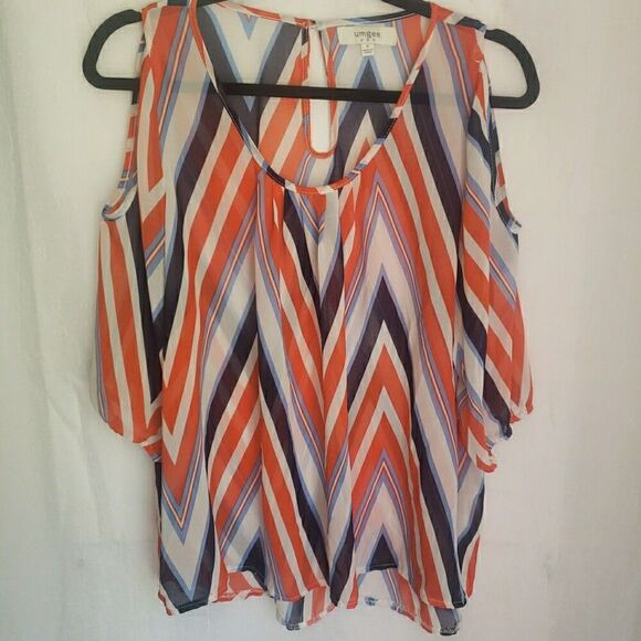 Umgee Blouse Red Navy Blue Stripes Sheer Nautical Sailor Coastal Chic Women Sz S - Picture 1 of 10